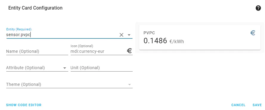 Configuración tarjeta Lovelace PVPC Home Assistant